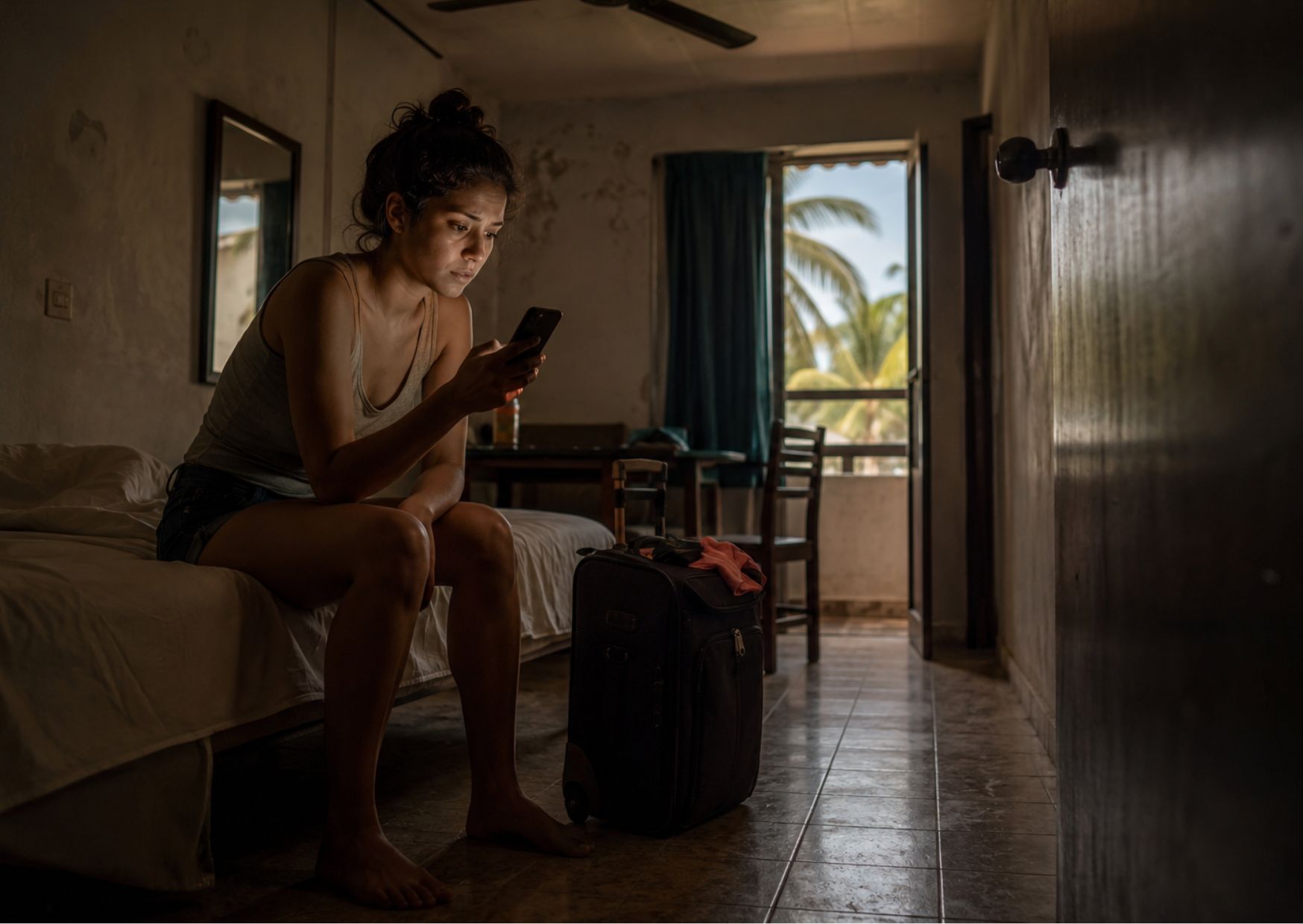 Mujer revisa una oferta de empleo en su teléfono celular, imagen simbólica sobre falsas vacantes y captación para explotación sexual en Cancún.