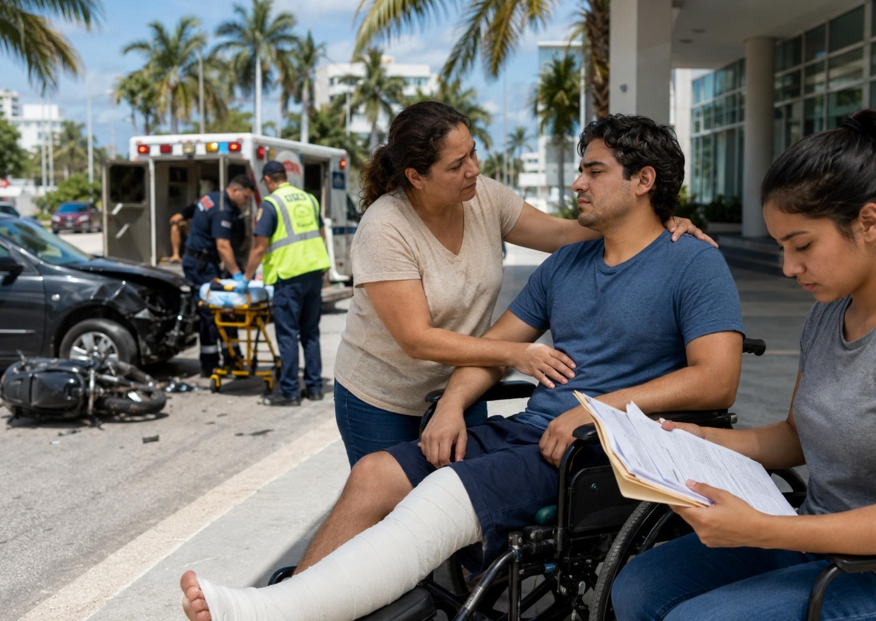 Familia acompaña a una persona lesionada en rehabilitación