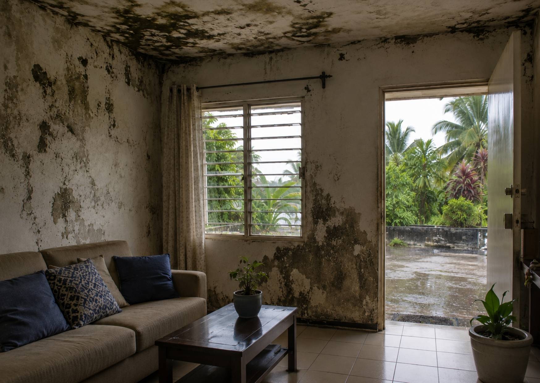 Pared interior de una vivienda en Quintana Roo con manchas de humedad y filtraciones visibles durante la temporada de lluvias.