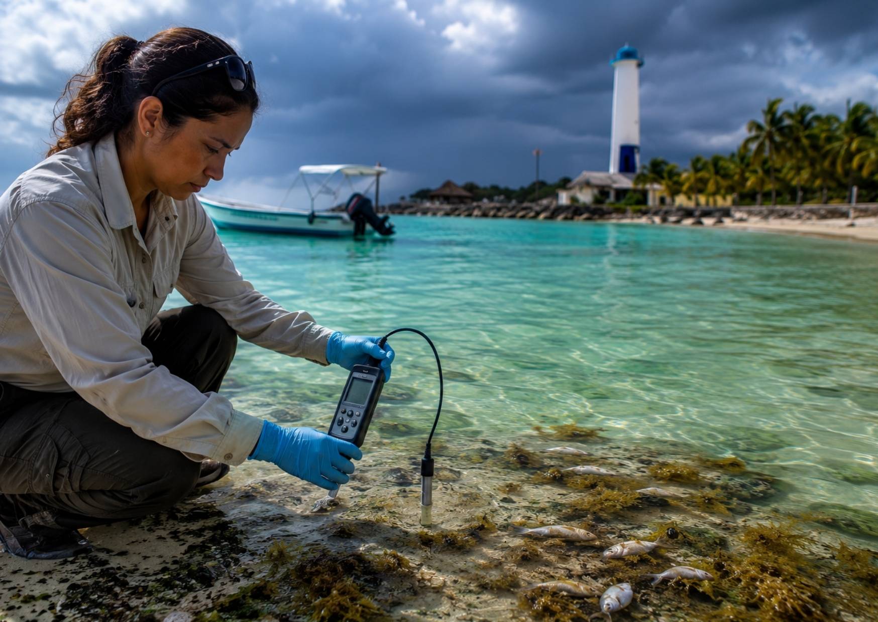 Las muestras recolectadas en Punta Caracol permitirán analizar las condiciones del agua durante la mortandad de peces.