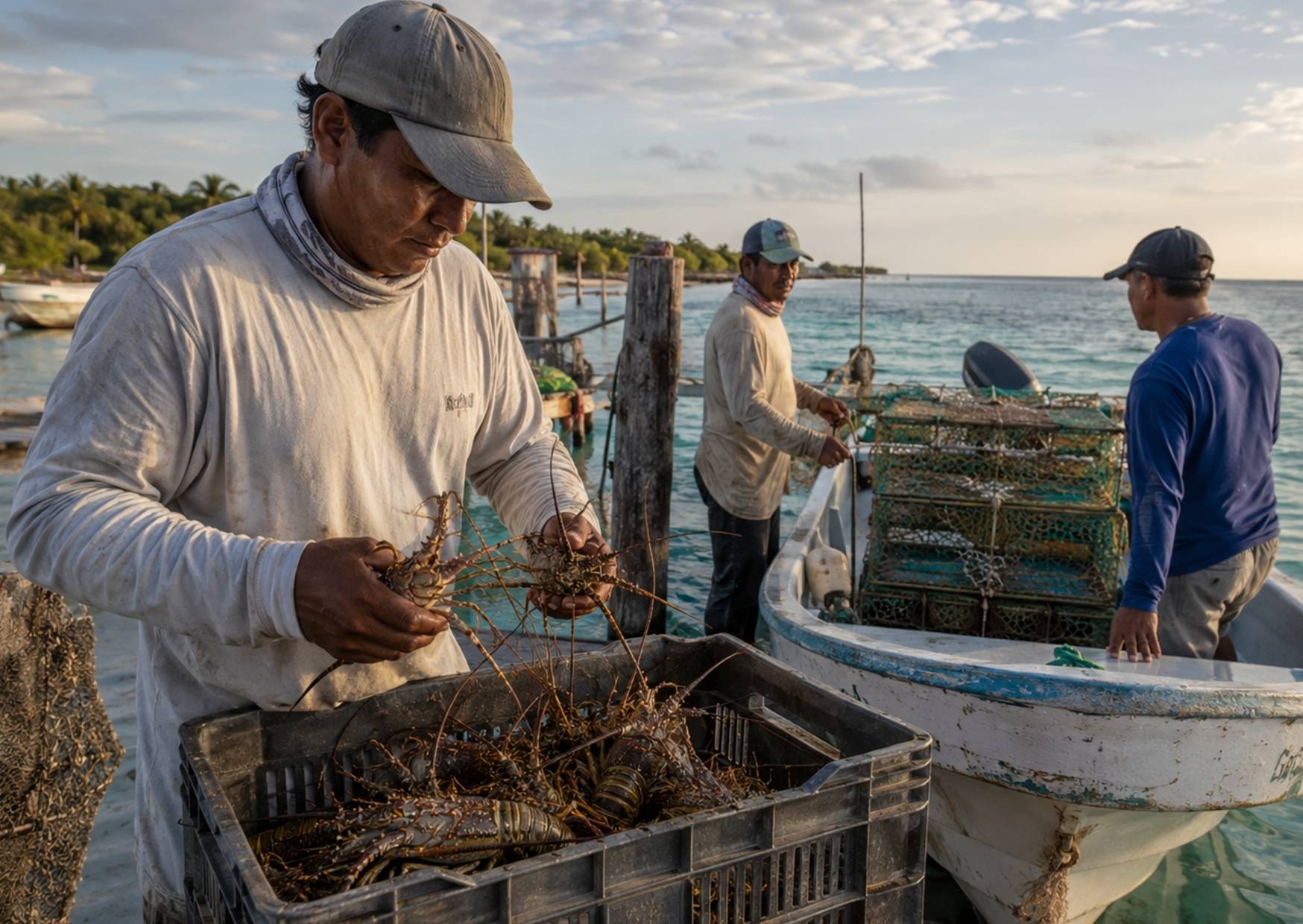 Pescadores de Quintana Roo preparan embarcaciones y equipo durante el inicio de la temporada de captura de langosta en el Caribe mexicano.