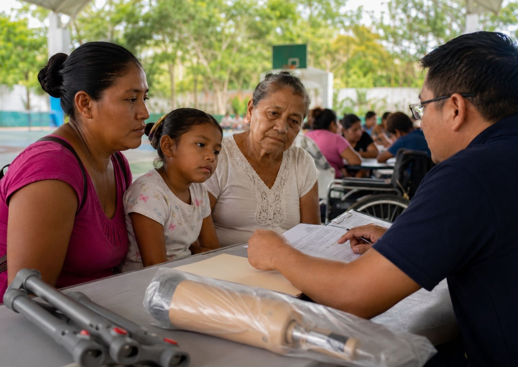Familias reciben atención durante una audiencia pública en Tulum.
