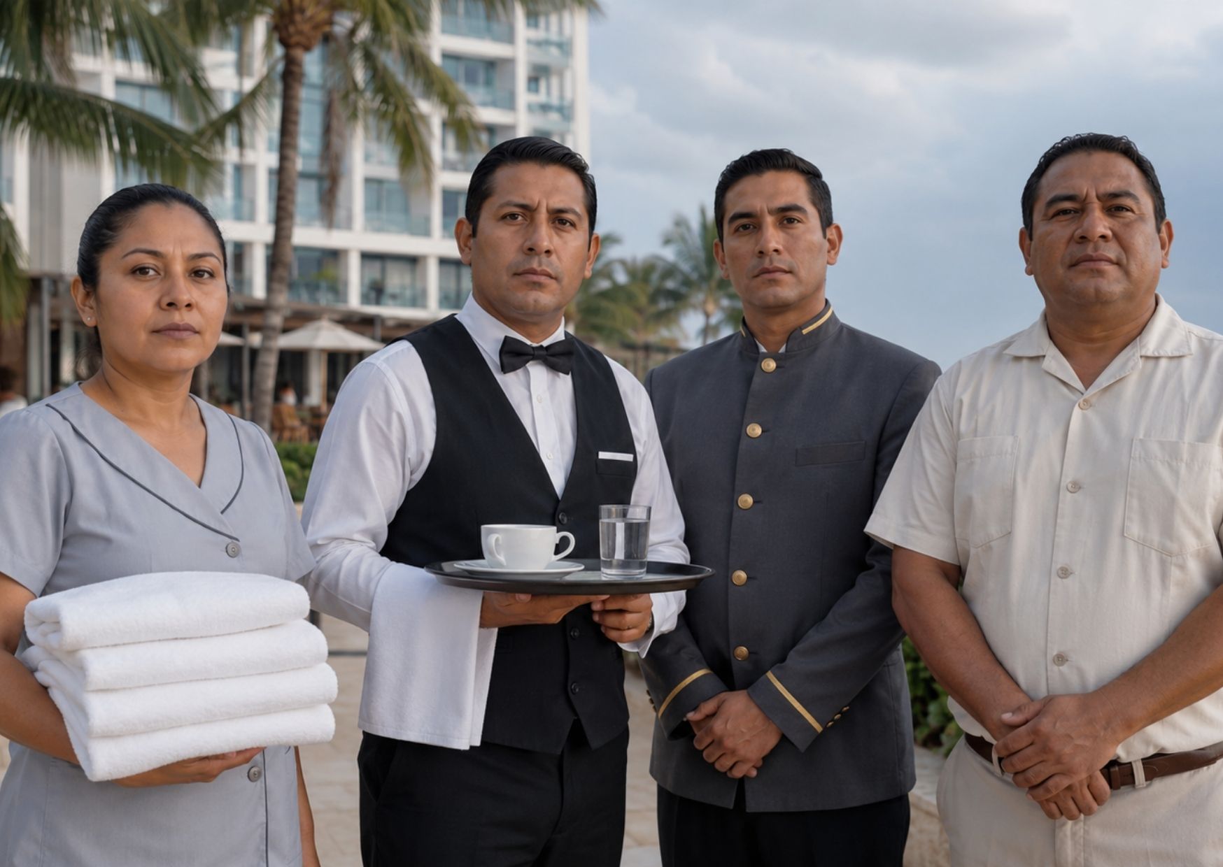 Trabajadores del sector turístico en Quintana Roo durante actividades de hotelería y servicios, en el contexto de una propuesta de seguro de desempleo temporal para proteger sus ingresos.