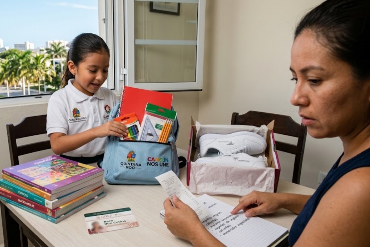 Mochila, útiles y uniformes preparados para el regreso a clases en Cancún.