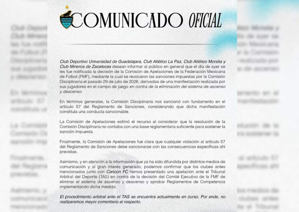 Comunicado de Cancún FC sobre las sanciones y la apelación ante el TAS.