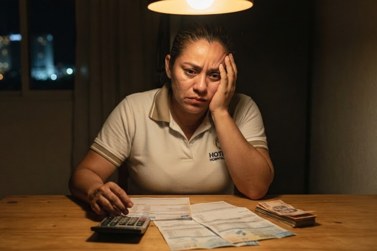 Trabajador hotelero revisa una nómina con días sin sueldo.