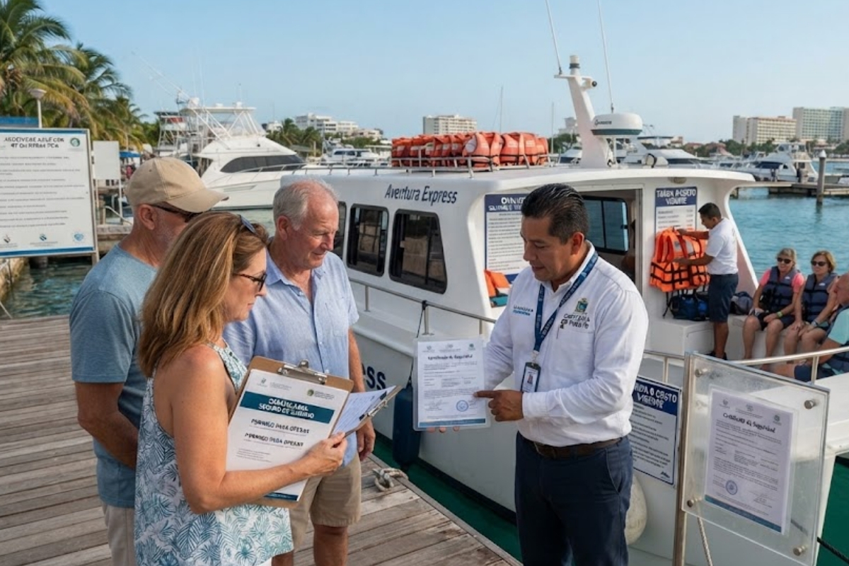 Turistas revisan una embarcación antes de contratar un paseo en Cancún.