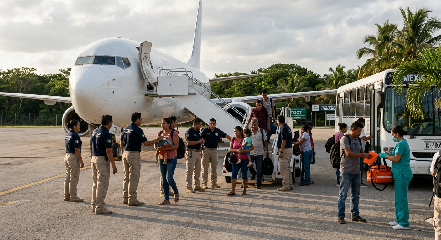 Autobuses trasladan repatriados desde Tulum hacia otros estados de México.