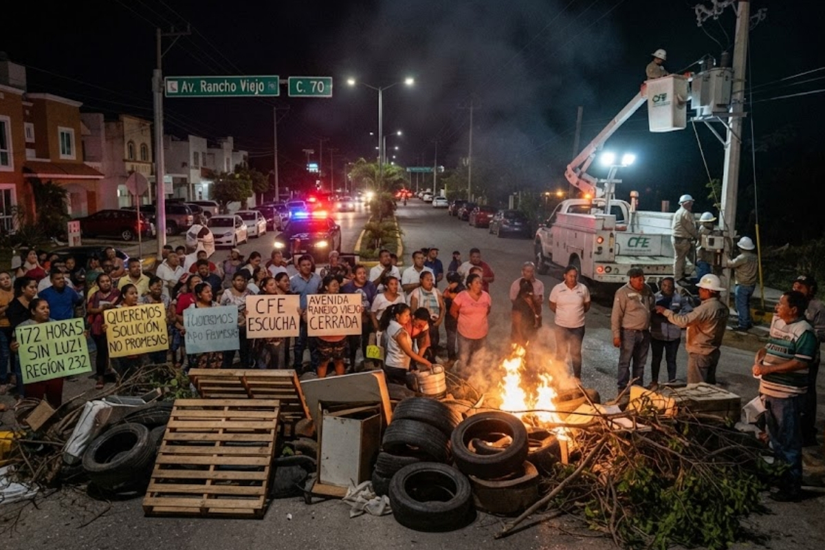Vecinos reunidos durante el bloqueo de la avenida Rancho Viejo en Cancún.