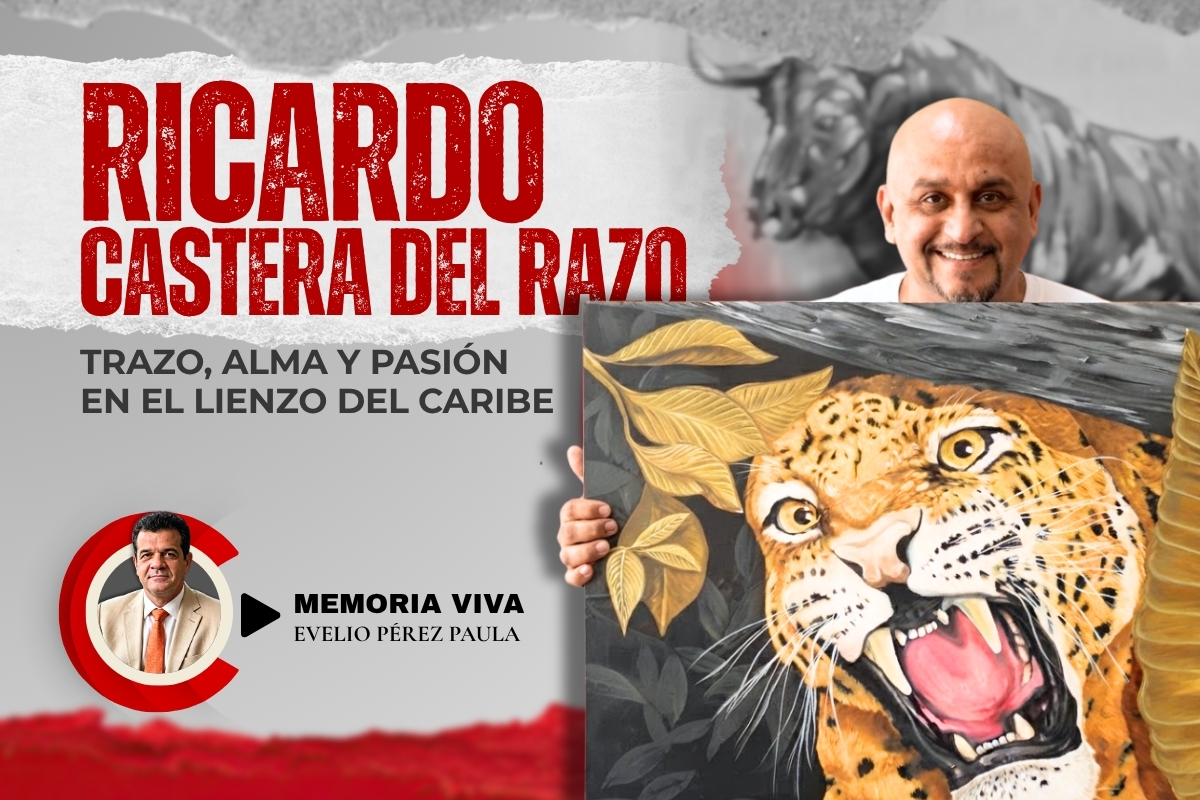 Retrato del maestro Ricardo Castera del Razo sonriendo en su estudio de arte en Cancún, enmarcado por su obra pictórica y escultórica inspirada en el Caribe.
