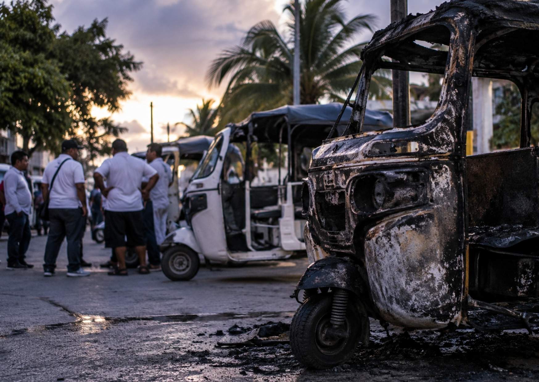 Mototaxistas llevaron unidades incendiadas durante la movilización realizada en Cancún.