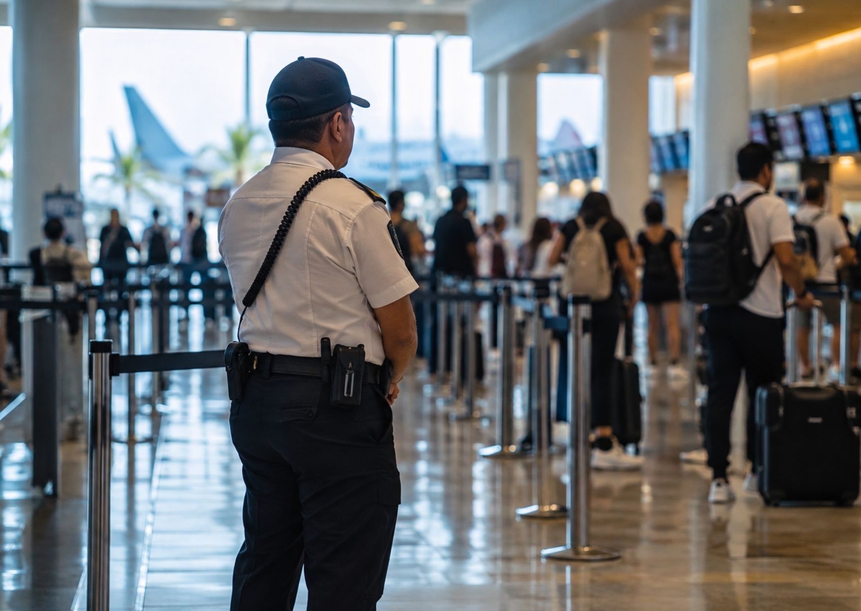 Guardias privados de la Terminal 2 aseguran que trabajan prácticamente toda su jornada de pie.
