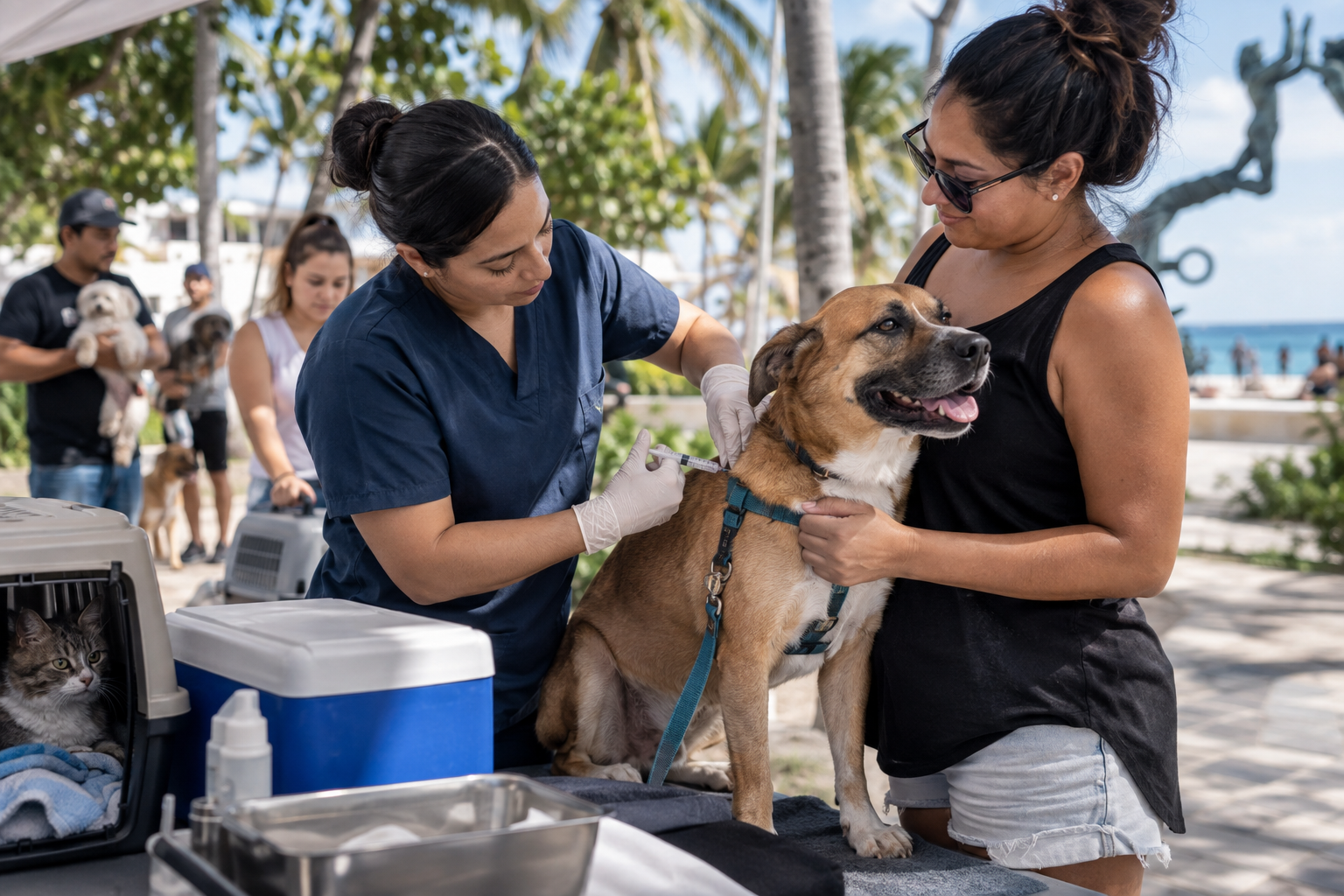 Perro recibe vacuna antirrábica en Playa del Carmen.