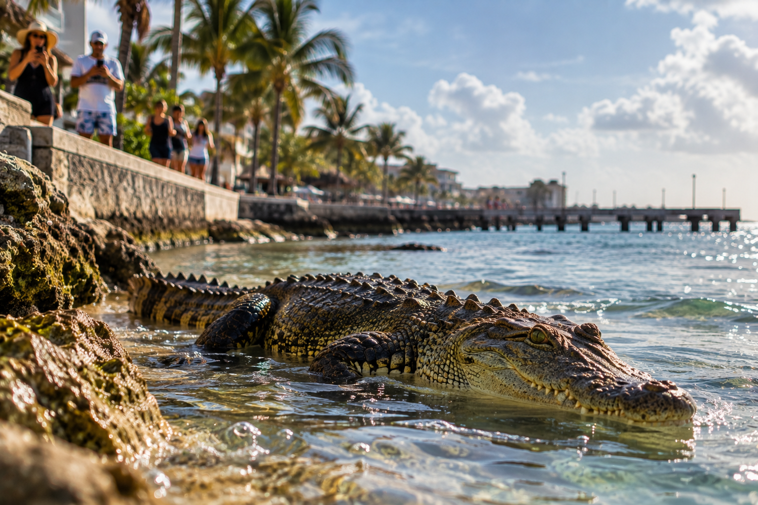 Cocodrilo en Cozumel cerca de una zona urbana y costera durante temporada de lluvias.