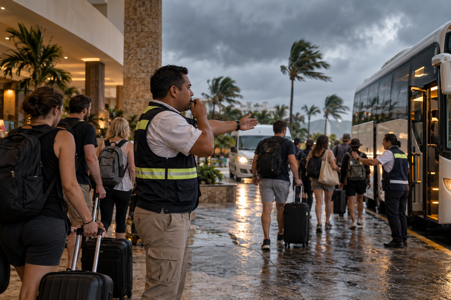 Evacuación turística en Cancún con huéspedes de un hotel abordando transporte rumbo a un refugio anticiclónico durante un protocolo preventivo.