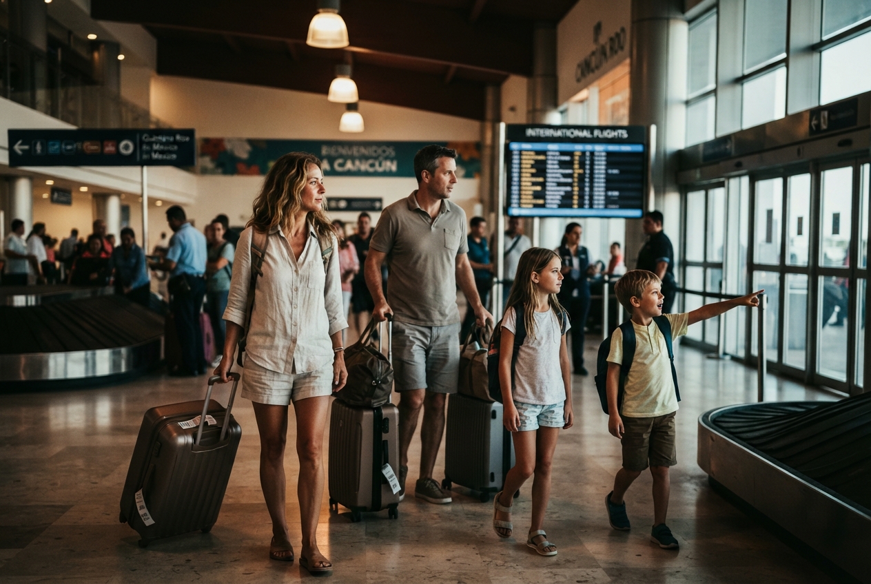 Familia de turistas llegando al aeropuerto para vacacionar en Cancún.