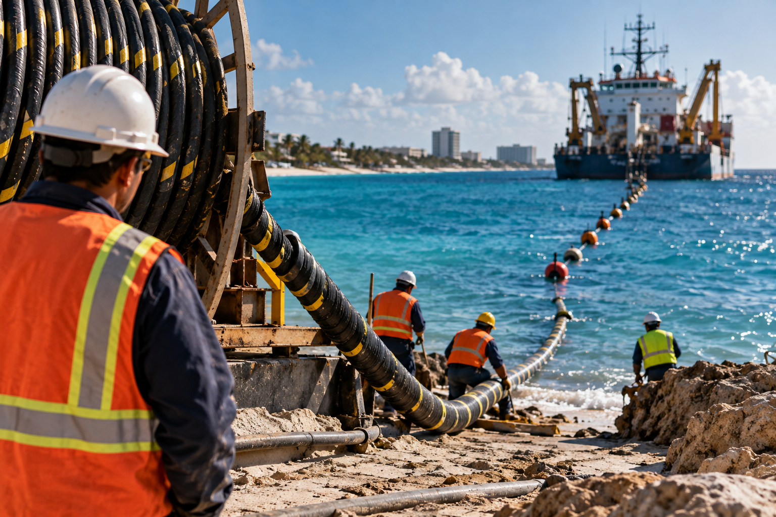 Trabajos y proyecto de cable submarino de la CFE hacia Cozumel en Playa del Carmen.