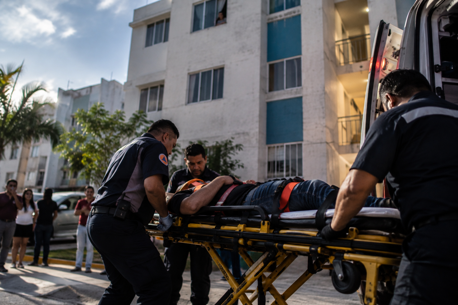 Hombre cae de un tercer piso en Cielo Nuevo, Cancún, y es atendido por cuerpos de emergencia antes de su traslado al hospital.