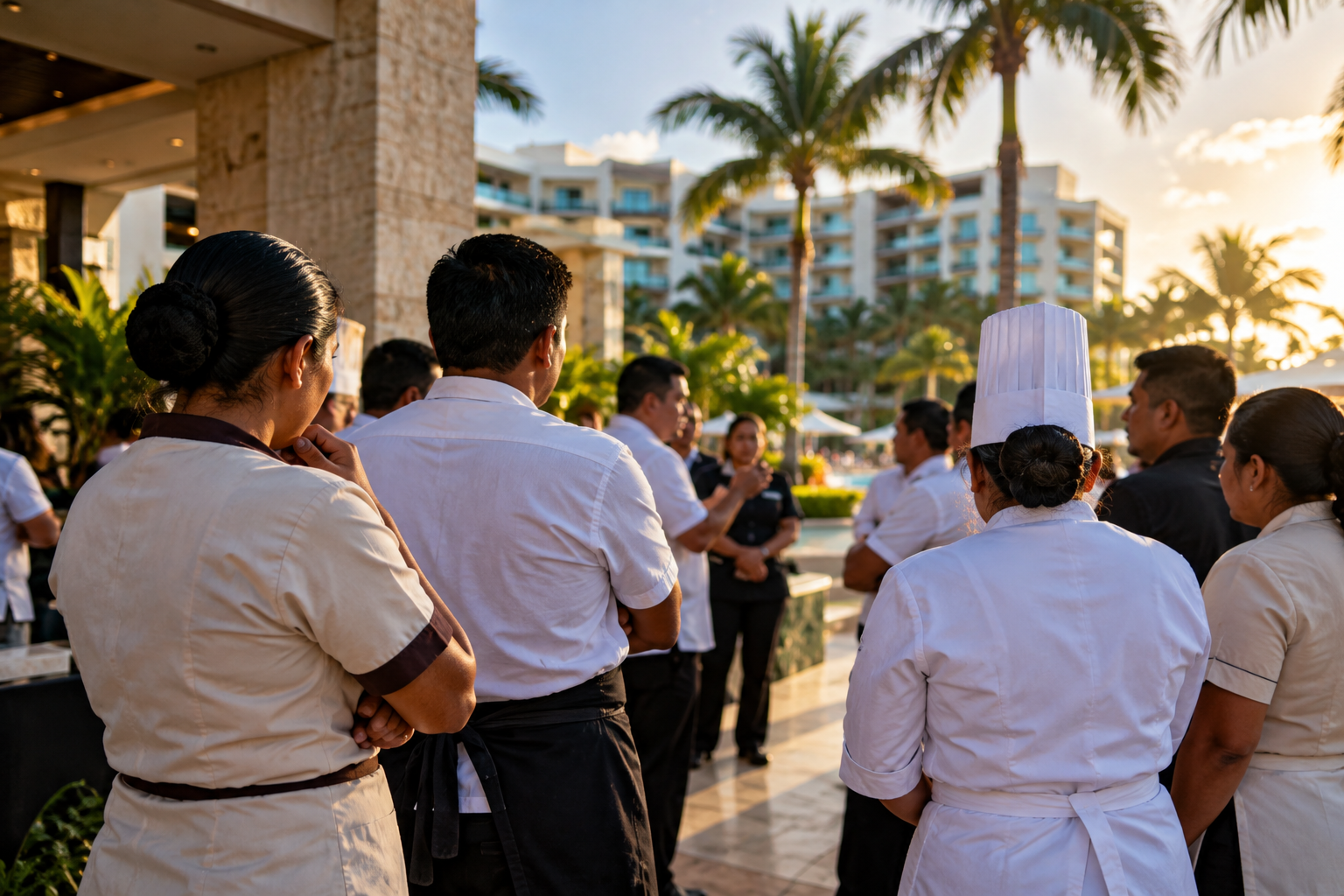 Trabajadores hoteleros de Quintana Roo durante una negociación laboral por salarios y contratos colectivos ante un posible emplazamiento a huelga.