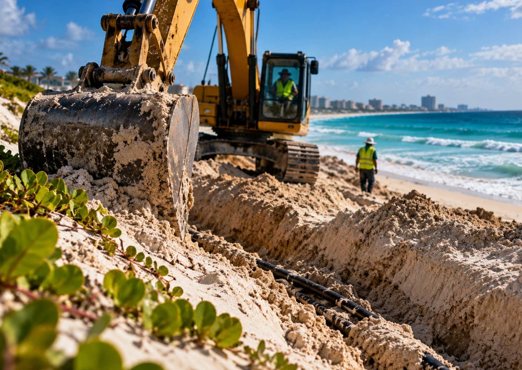 Excavaciones con maquinaria en Playa Delfines de Cancún, trabajos incluidos en una denuncia popular presentada ante Profepa.