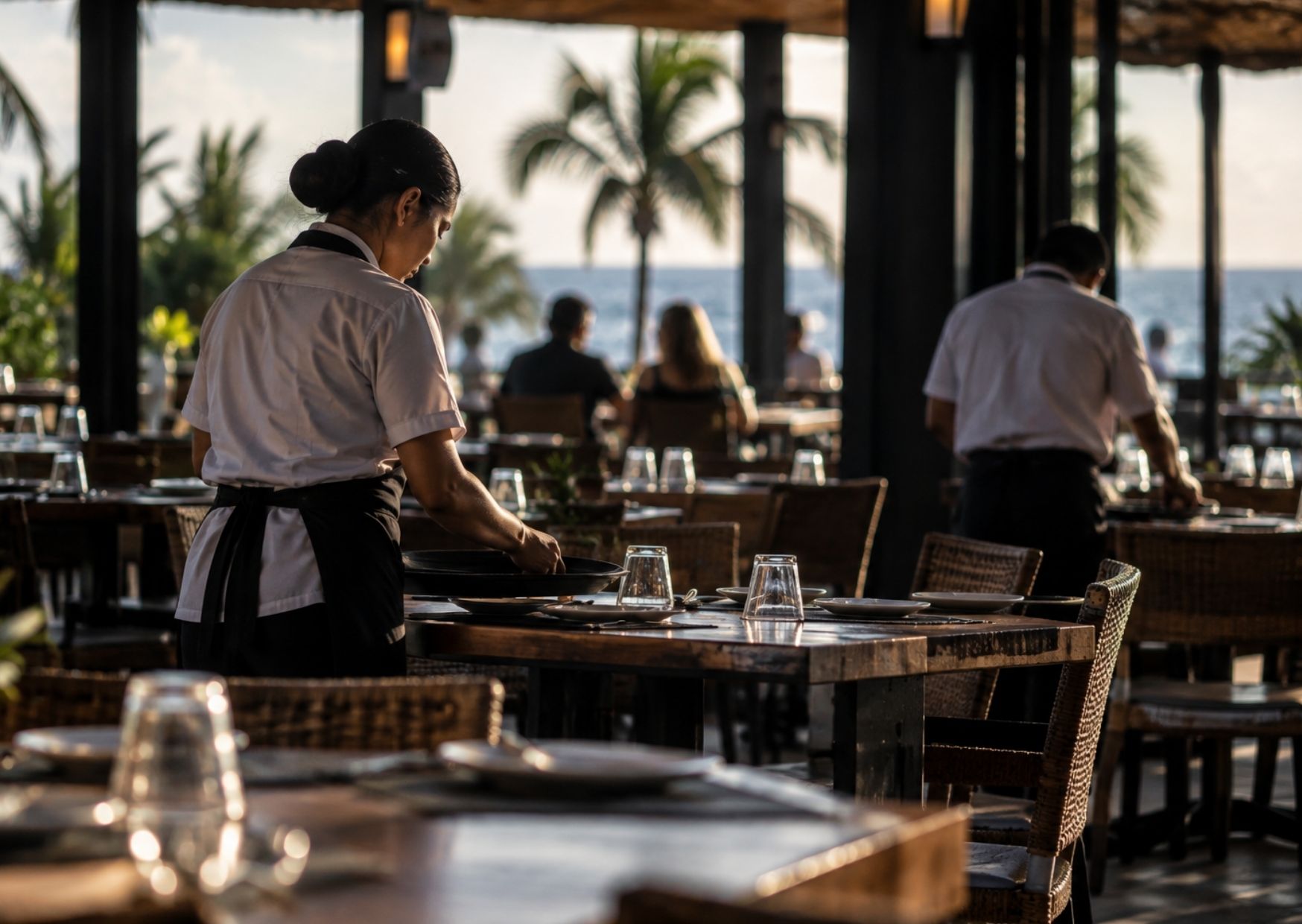 Trabajadores de restaurante en Cancún durante una jornada de servicio reducida.