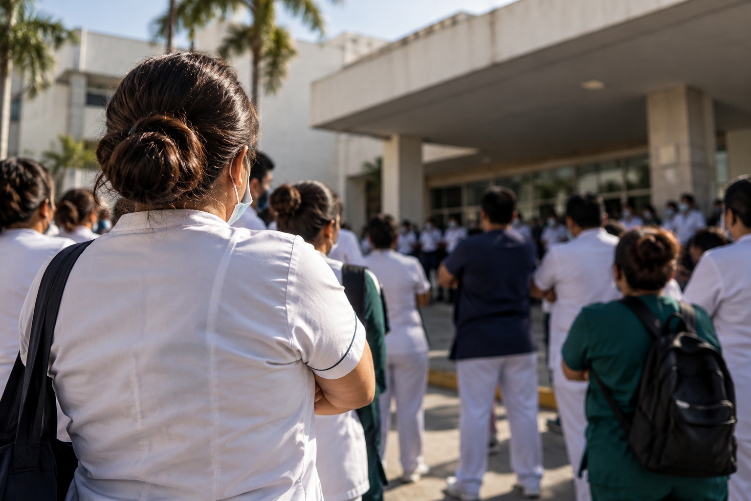 rabajadores del IMSS en Cancún durante protesta por el aumento salarial de 2.9% al sueldo tabular.