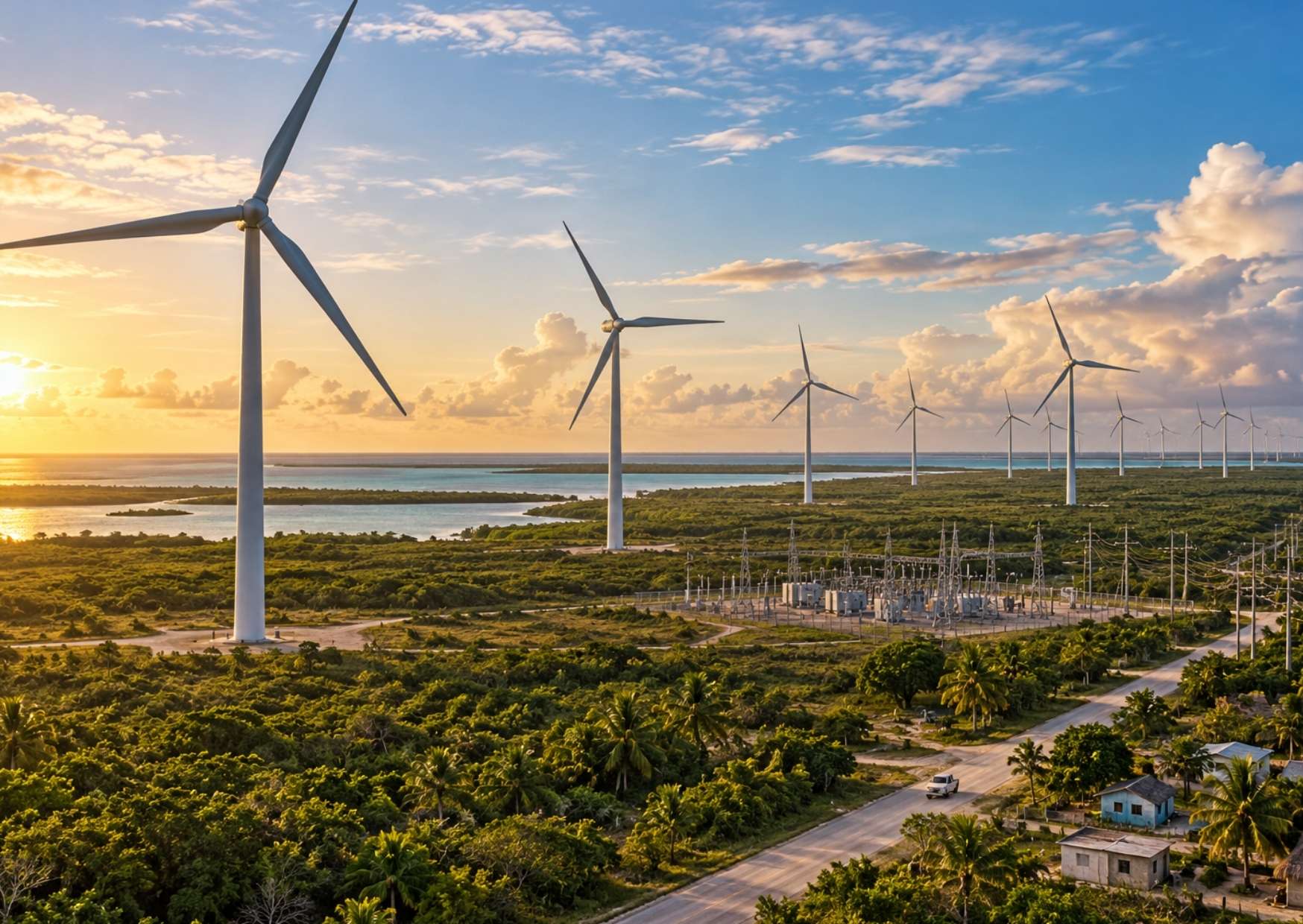 Aerogeneradores de un parque eólico como los proyectados para Vientos del Caribe en Othón P. Blanco, Quintana Roo.
